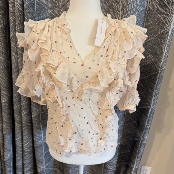 $425 Rebecca Taylor 100% Silk TopSize 0 Glitter Shimmering Dots Ruffled NWT - Picture 1 of 6